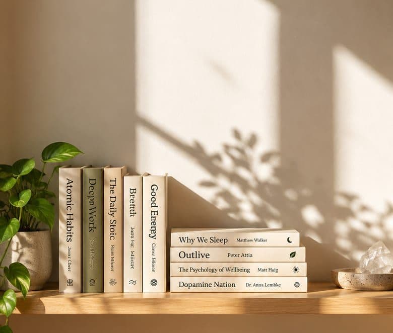 Books on a sunlit shelf